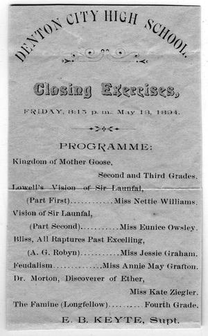 Primary view of object titled 'Denton City High School closing exercises programme of 1894'.