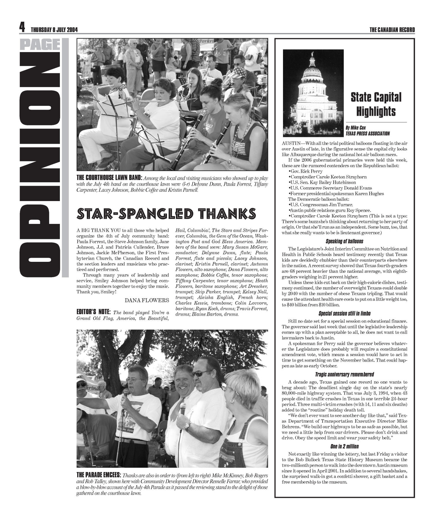 The Canadian Record (Canadian, Tex.), Vol. 114, No. 28, Ed. 1 Thursday, July 8, 2004
                                                
                                                    [Sequence #]: 4 of 31
                                                