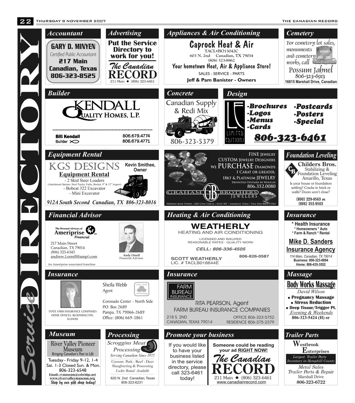 The Canadian Record (Canadian, Tex.), Vol. 117, No. 45, Ed. 1 Thursday, November 8, 2007
                                                
                                                    [Sequence #]: 22 of 32
                                                