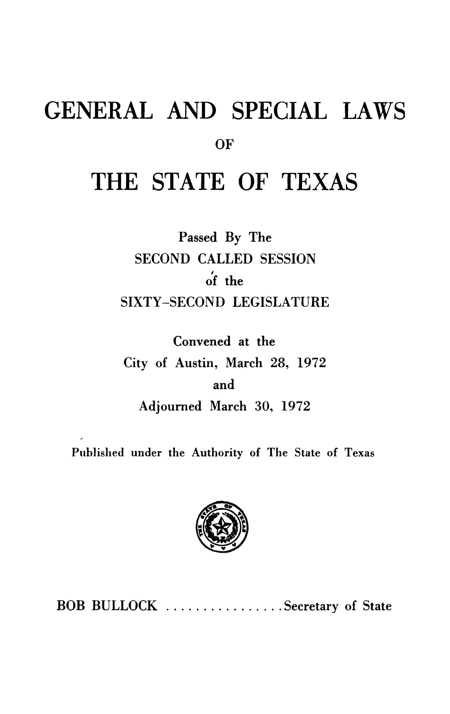 General and Special Laws of The State of Texas Passed By The Second