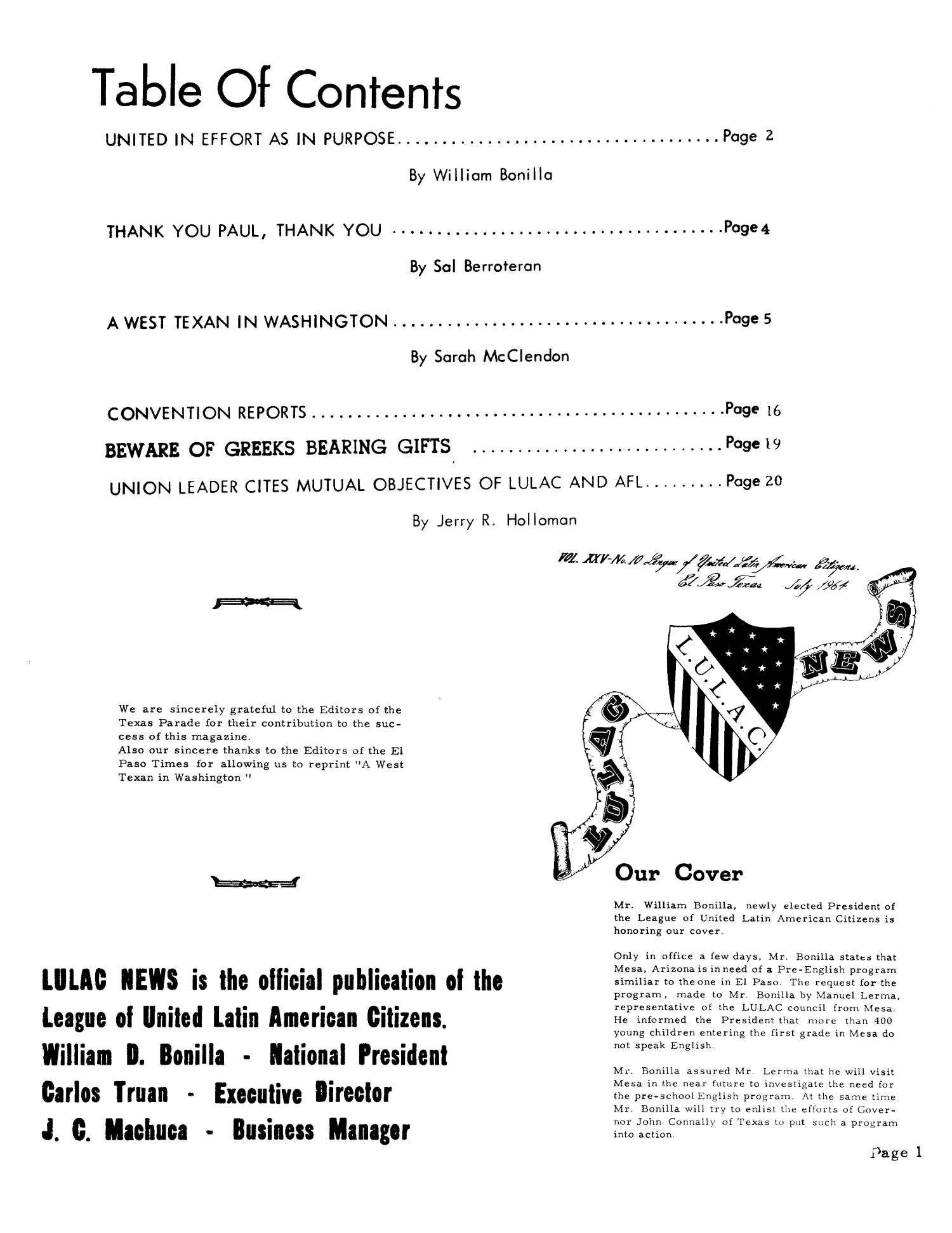 LULAC News, Volume 25, Number 10, July 1964
                                                
                                                    1
                                                