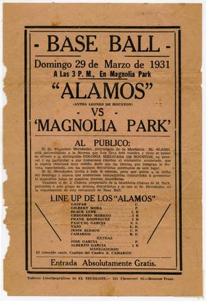 [Advertisement of a baseball game, Alamos versus Magnolia Park]