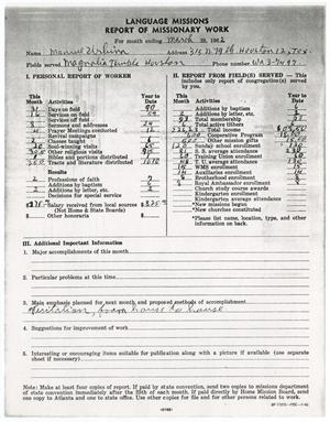 Primary view of object titled '[Language Missions Report of Missionary Work for Manuel Urbina for the month ending March 25, 1962]'.