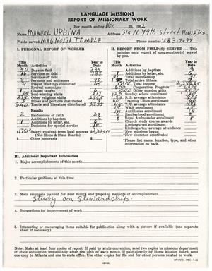 Primary view of object titled '[Language Missions Report of Missionary Work for Manuel Urbina for the month ending November 25, 1962]'.