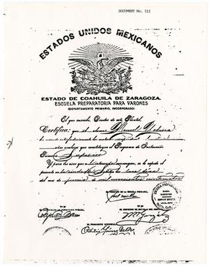 [Certificate of graduation from the Estado de Coahuila de Zaragoza Escuela Preparatoria para Varones for Manuel Urbina]