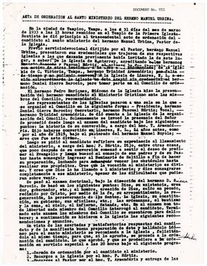 Primary view of object titled 'Acta de ordenacion al Santo Ministerio del Hermano Manuel Urbina'.