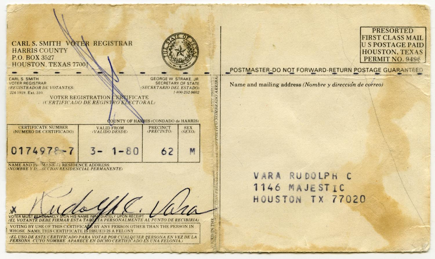 Voter Registration card for Rudolph C. Vara, 1980 - The ...