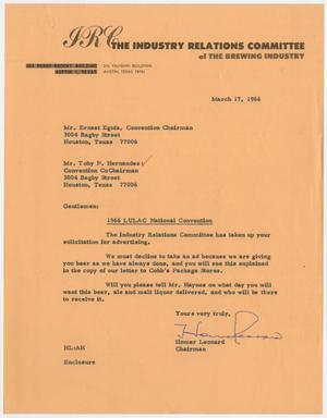 [Letter from Homer Leonard to Toby P. Hernandez and Ernest Eguia - 1966-03-17]