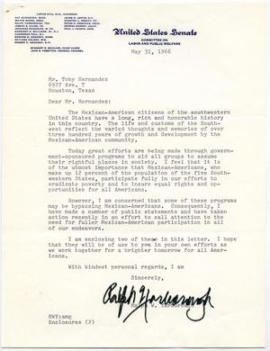 [Letter from Ralph Yarborough to Toby Hernandez - 1966-05-31]