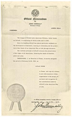 [Official Memorandum by John Connally, Governor of Texas, designating LULAC Week, February 1, 1965]