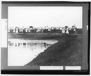 Primary view of object titled '[Danevang Lutheran Church Congregration at Oil Well]'.