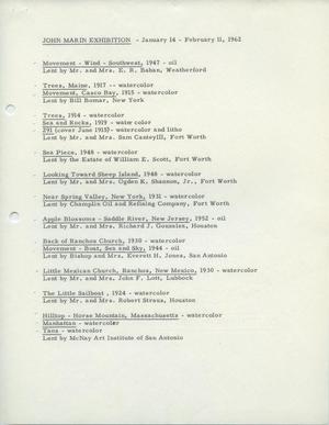 John Marin Exhibition, January 14-February 11, 1962  [Checklist]