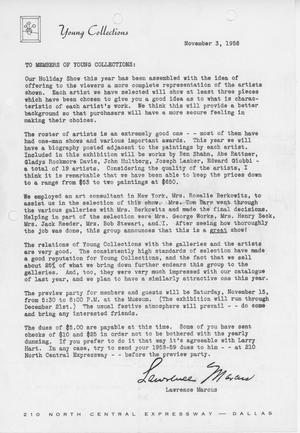 [Letter from Lawrence Marcus to Members of Young Collections, November 3, 1958]