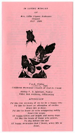 [Funeral Program for Lillie Gipson Anderson, March 3, 1989]