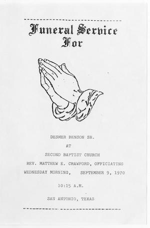 Primary view of object titled '[Funeral Program for Desmer Benson, Sr., September 9, 1970]'.