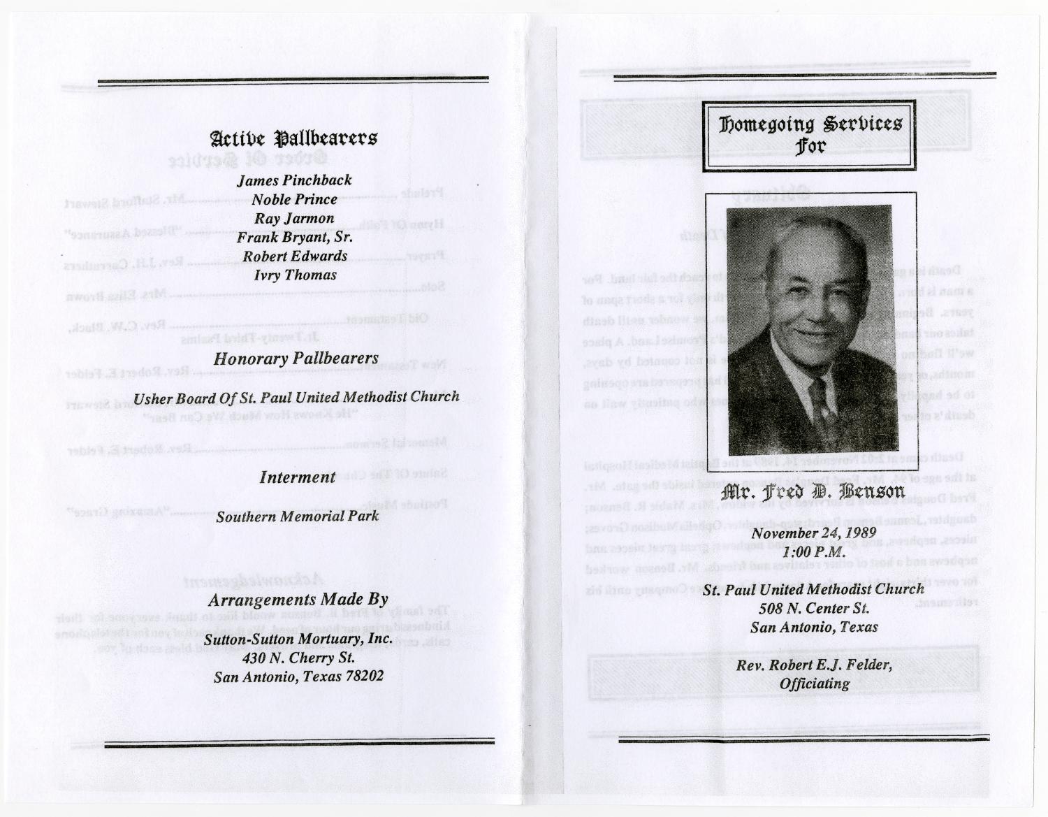 [Funeral Program for Fred D. Benson, November 24, 1989]
                                                
                                                    [Sequence #]: 3 of 3
                                                