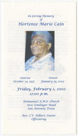 [Funeral Program for Hortense Marie Cain, February 1, 2002]