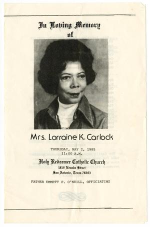 Primary view of object titled '[Funeral Program for Lorraine Carlock, May 2, 1985]'.