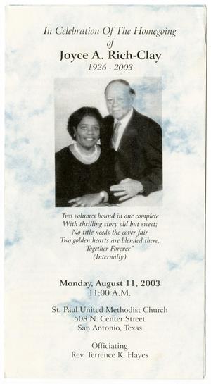 Primary view of object titled '[Funeral Program for Joyce Rich-Clay, August 11, 2003]'.