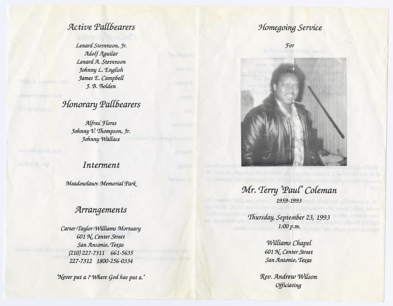 [Funeral Program for Terry Coleman, September 23, 1993]
                                                
                                                    [Sequence #]: 3 of 3
                                                