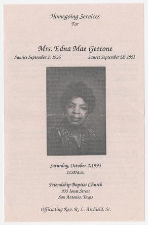Primary view of object titled '[Funeral Program for Edna Mae Gettone, October 2, 1993]'.