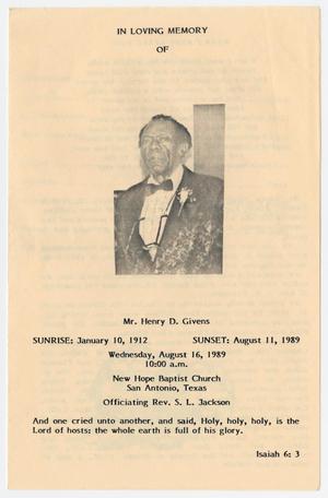 [Funeral Program for Henry D. Givens, August 16, 1989]