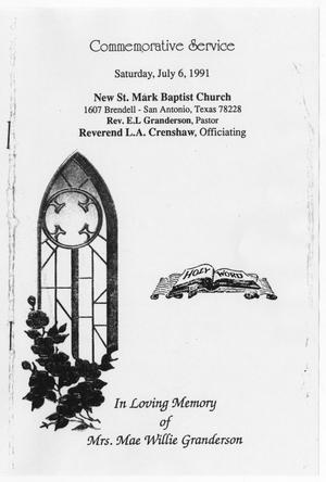 Primary view of object titled '[Funeral Program for Mae Willie Granderson, July 6, 1991]'.