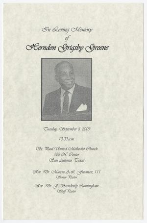 [Funeral Program for Herndon Grigsby Greene, September 8, 2009]