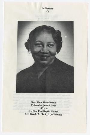 [Funeral Program for Zora Allen Greenly, June 4, 1986]