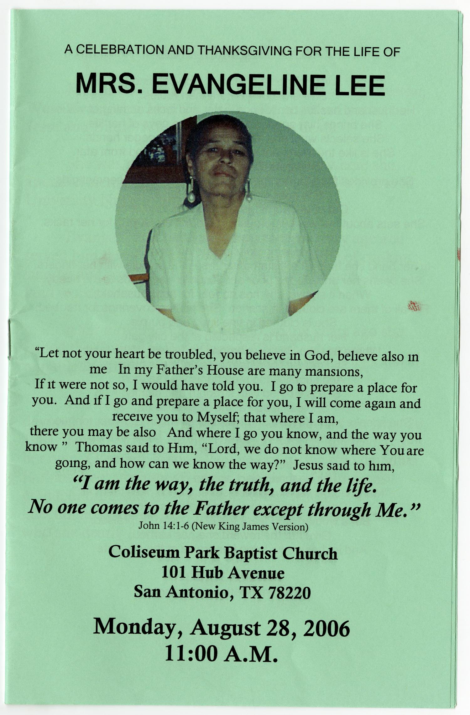 [Funeral Program for Evangeline Lee, August 28, 2006]
                                                
                                                    [Sequence #]: 1 of 5
                                                