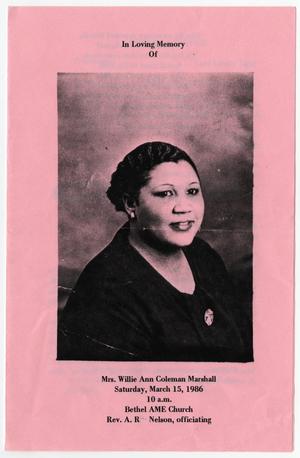 [Funeral Program for Willie Ann Coleman Marshall, March 15, 1986]