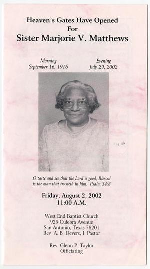[Funeral Program for Marjorie V. Matthews, August 2, 2002]