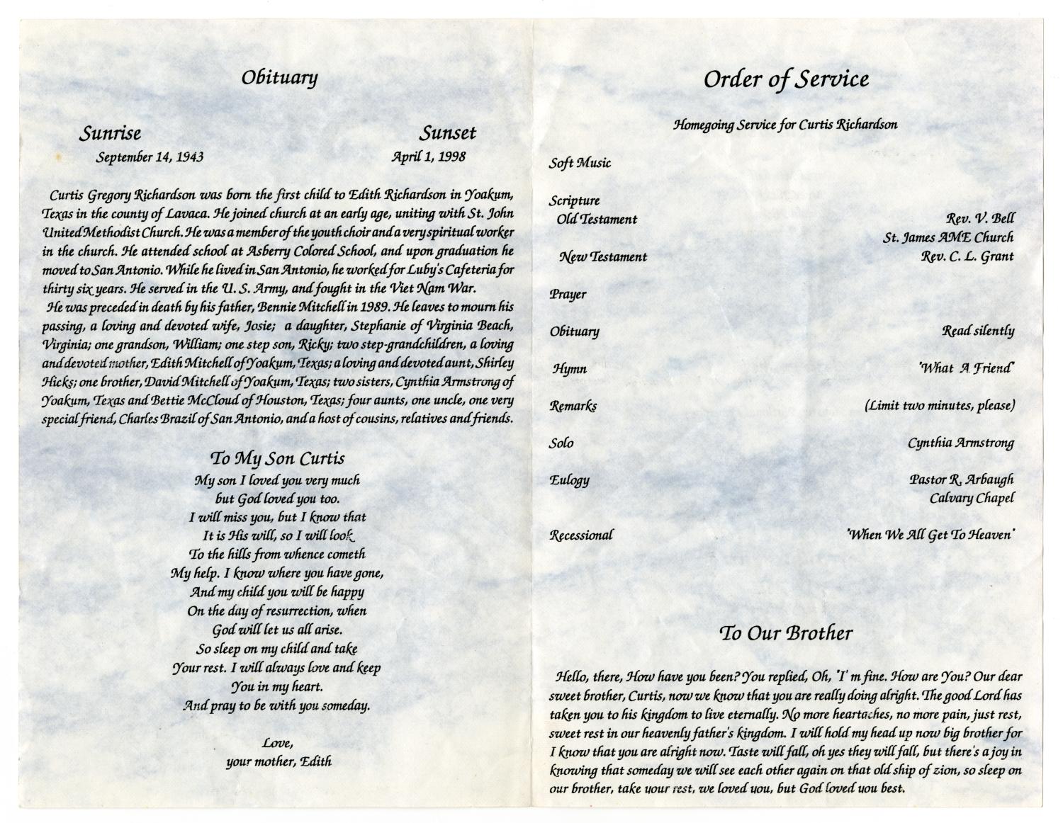 [Funeral Program for Curtis G. Richardson, April 6, 1998]
                                                
                                                    [Sequence #]: 2 of 3
                                                