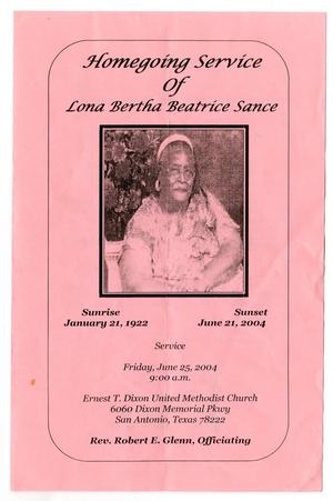 [Funeral Program for Lona Bertha Beatrice Sance, June 25, 2004]