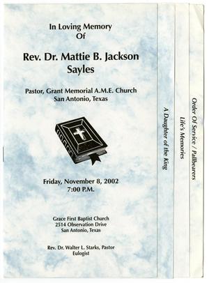 [Funeral Program for Mattie B. Jackson Sayles, November 8, 2002]
