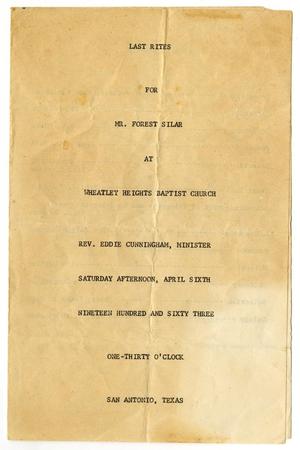 Primary view of object titled '[Funeral Program for Forest Silar, April 6, 1963]'.