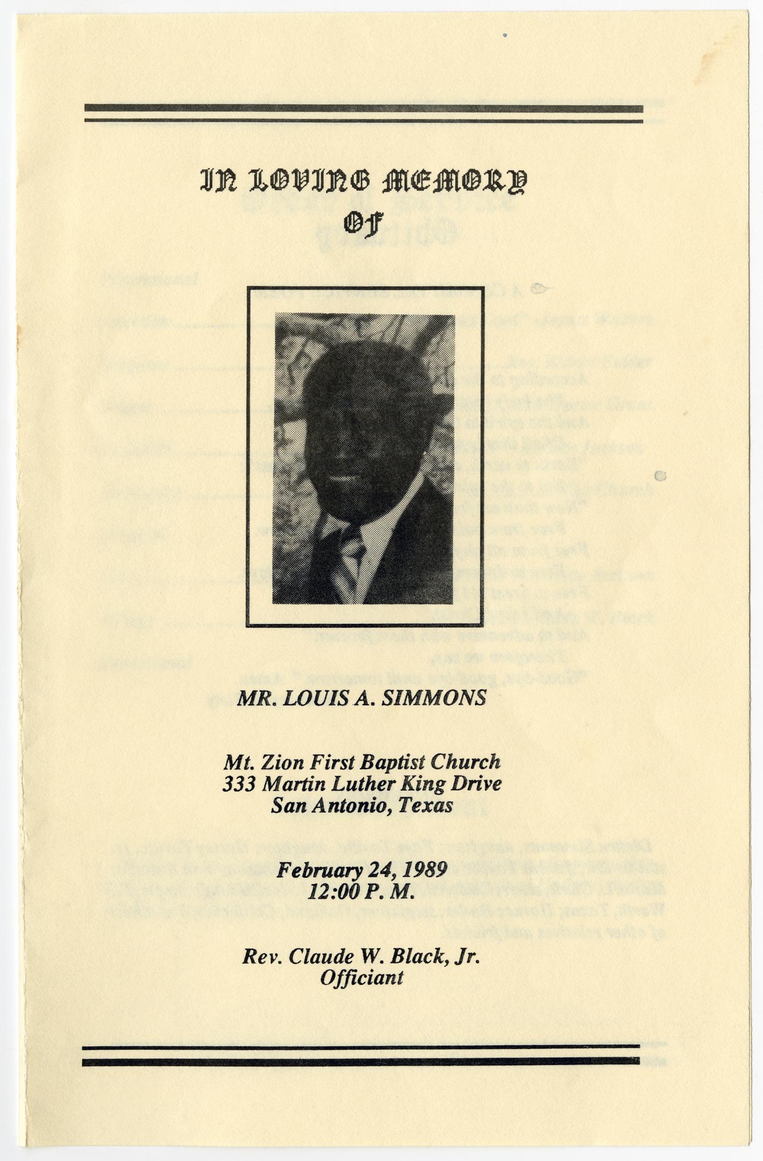 [Funeral Program for Louis A. Simmons, February 24, 1989]
                                                
                                                    [Sequence #]: 1 of 3
                                                