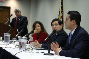 Primary view of object titled '[North Texas Latino Council meeting panelists]'.