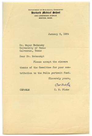 Primary view of object titled '[Letter from C. H. Fiske to Meyer Bodansky - January 1934]'.