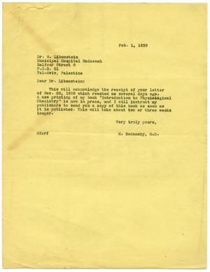 Primary view of [Correspondence between Meyer Bodansky and M. Libenstein - February-May 1939]