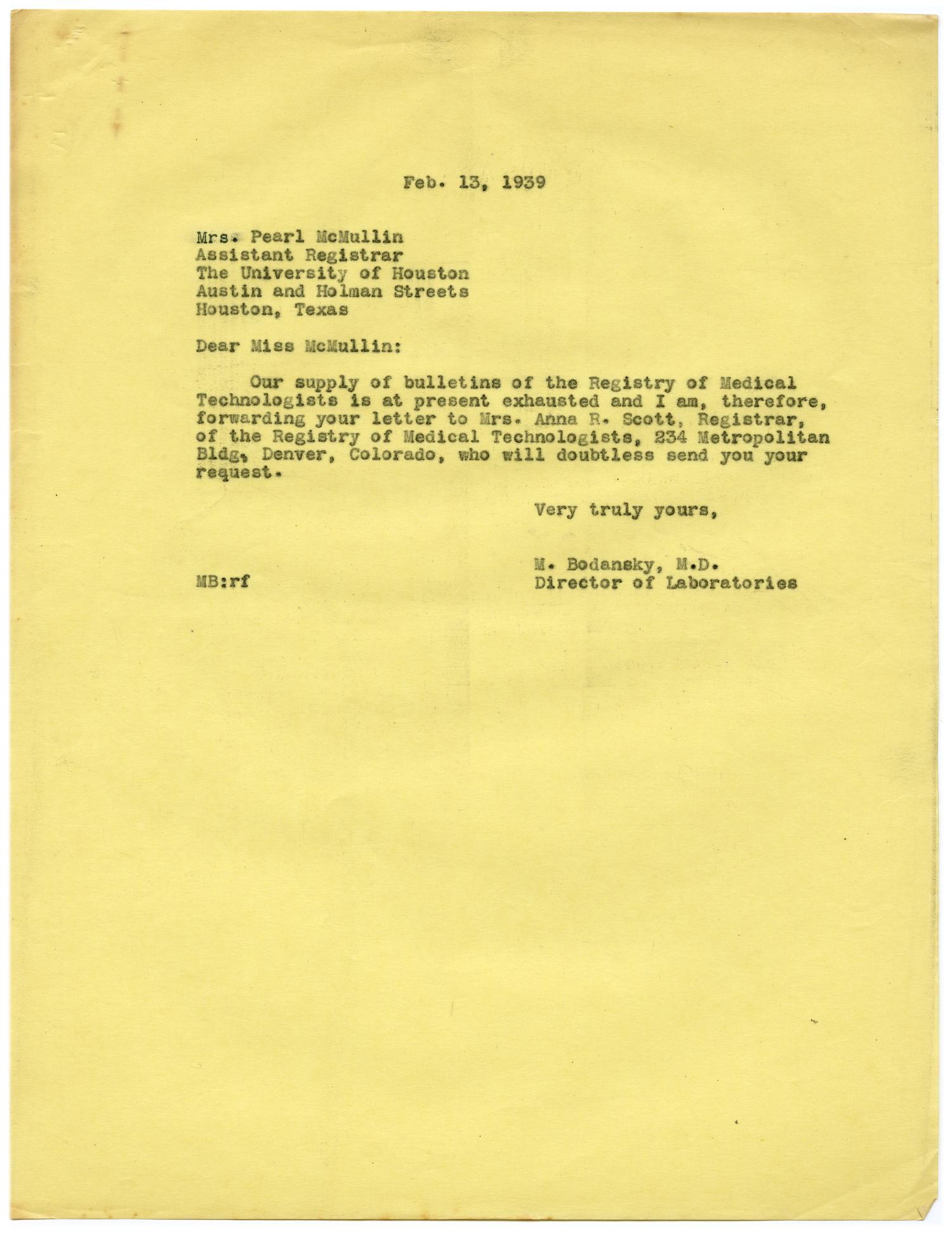 [Letter from Meyer Bodansky to Pearl McMullin - February 1939]
                                                
                                                    [Sequence #]: 1 of 2
                                                