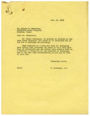 [Letter from Meyer Bodansky to Donald G. Henderson - February 1939]