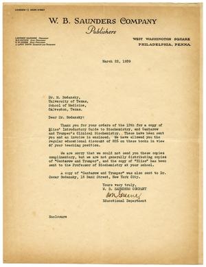 [Letter from the W. B. Saunders Company to Meyer Bodansky - March 1939]
