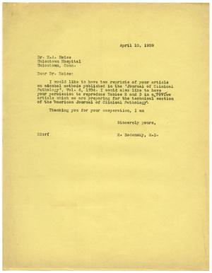 [Letter from Meyer Bodansky to H. A. Heise - April 1939]