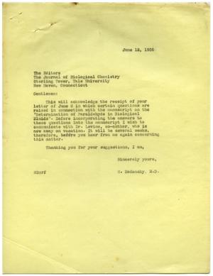 Primary view of object titled '[Correspondence between Meyer Bodansky and the Editors of the Journal of Biological Chemistry - June 1939]'.
