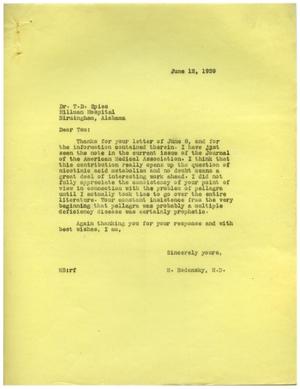 [Correspondence between Meyer Bodansky and Tom D. Spies - June 1939]