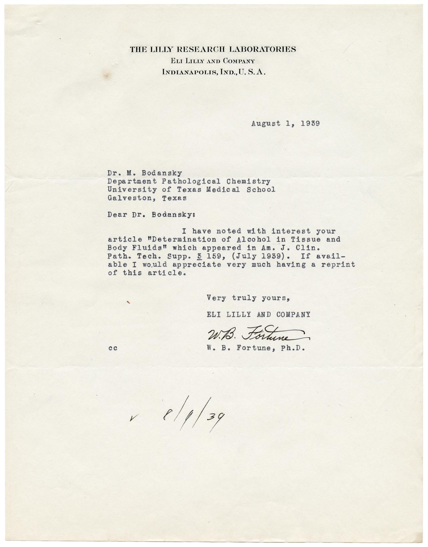 [Letter from W. B. Fortune to Meyer Bodansky - August 1, 1939]
                                                
                                                    [Sequence #]: 1 of 2
                                                