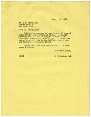 Primary view of object titled '[Correspondence between Meyer Bodansky, Rose Framer, and Corley B. McFarland, September 1939]'.