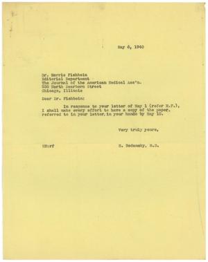 [Correspondence between Morris Fishbein and Meyer Bodansky - May 1940]