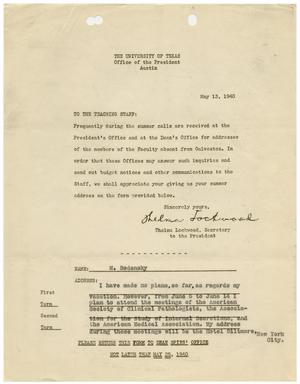 [Letter and Form to Meyer Bodansky from the University of Texas Office of the President - May 13, 1940]